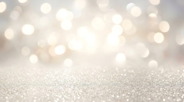Festive silver glitter background with soft glowing bokeh lights for winter holidays