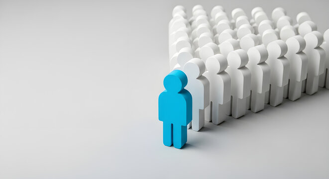 Blue leadership figure leading a group of white followers in a professional business strategy formation