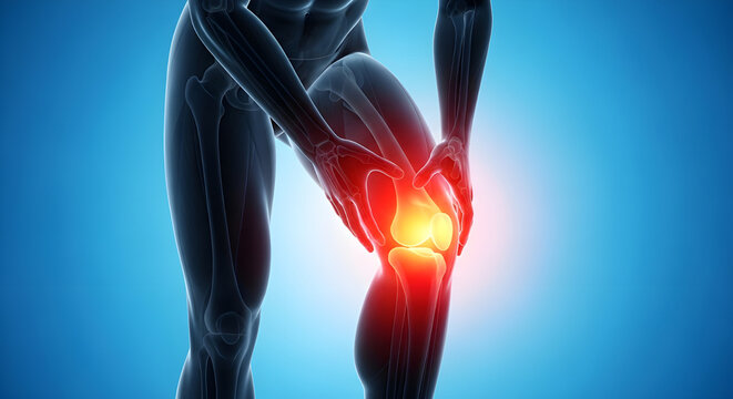 Knee pain illustration showing human joint inflammation with glowing red highlight on a blue background