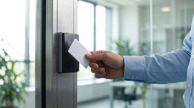Employee using plastic key card to scan and unlock office building door access control security system with security