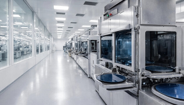 Clean room facility with high-tech automated semiconductor manufacturing equipment for wafer production hi tech semiconductor cleanroom manufacturing technology automation production