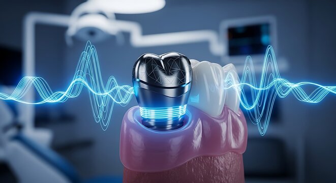 Dental implant tooth model featuring metallic surface and glowing blue frequency waves in modern clinical setting
