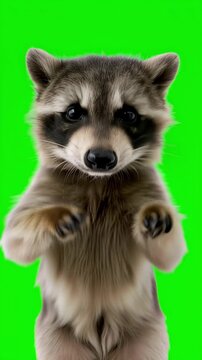 Cute raccoon standing and looking at camera on bright green screen background, adorable wild animal character with expressive eyes for chroma key video and creative compositing