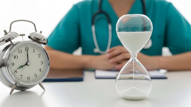 Hourglass and alarm clock on medical desk with blurred doctor wearing green scrubs and stethoscope