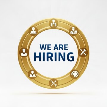 We are hiring golden circular badge featuring diverse worker icons and professional recruitment text graphic element