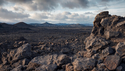 Fototapeta premium Rugged volcanic rock formation in foreground overlooking vast desolate lava field and distant mountains with landscape mountain volcanic formation wilderness desolate outdoors hardened
