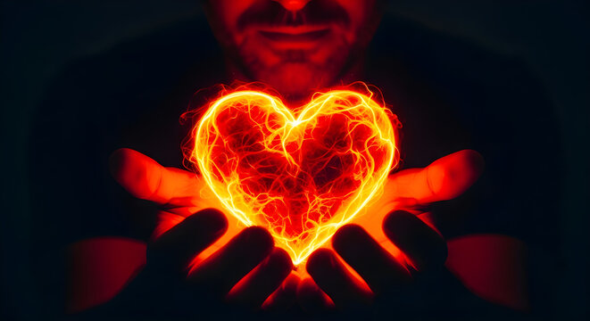 Glowing energy heart held in human hands representing love passion care and powerful emotional connection concepts