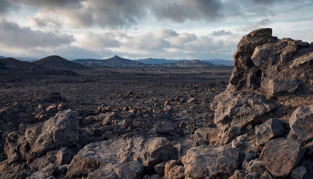 Rugged volcanic rock formation in foreground overlooking vast desolate lava field and distant mountains with landscape mountain volcanic formation wilderness desolate outdoors hardened