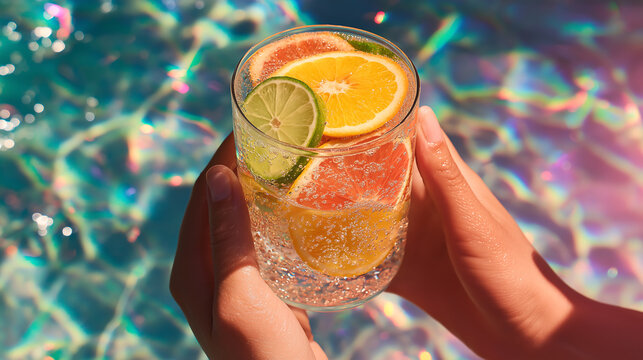 Hands Holding Citrus Cocktail Glass with Orange and Lime by Pool