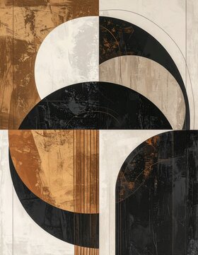 Abstract geometric art with earthy tones, featuring intersecting arcs and textured quadrants in a modern, symmetrical design.