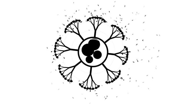 Abstract black and white circular motion graphic with branching elements.