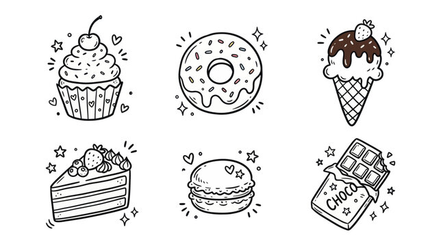 Set of hand drawn sweet dessert icons featuring a cute doodle vector style for bakery menu designs