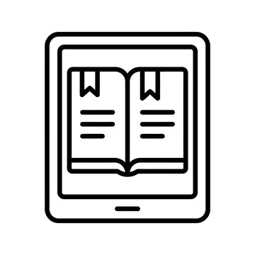 Ebook reader tablet showing open book line art vector illustration.