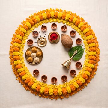 Ganesh chaturthi worship setup with modak sweets flowers and holy coconut.