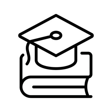 Graduation cap on book icon represents academic knowledge and study.