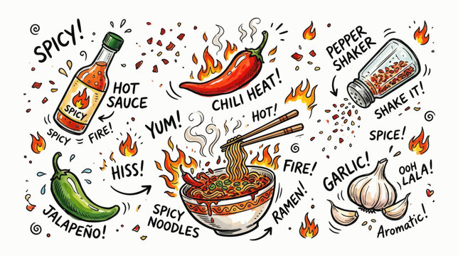 Hand drawn spicy food elements set featuring hot sauce ramen noodles and chili pepper doodle vector illustration