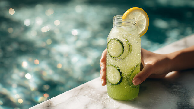 Hand Holding Cucumber Lemon Infused Water Bottle by Pool