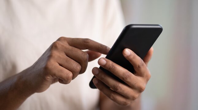 Close up of hands holding black smartphone, typing text message on touchscreen, mobile communication, social media app usage, digital connectivity, online messaging