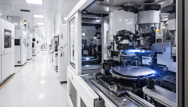 Automated high-tech wafer processing machine operating inside a sterile electronics cleanroom with wafer fab high precision micro chip processing semiconductor manufacturing cleanroom