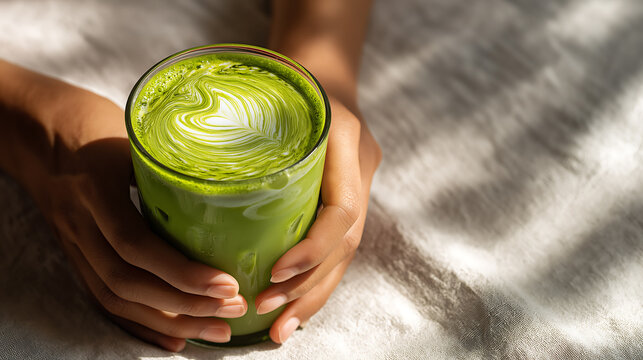 Hands Holding Iced Matcha Green Tea Latte with Foam Art
