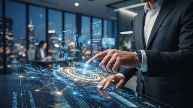 Businessman touching futuristic glowing digital network hologram interface