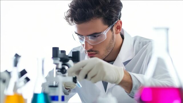 A man wearing protective eyewear and a white lab coat focuses on a scientific apparatus with various bottles of colorful liquids. He is surrounded by numerous pieces of laboratory equipment.
