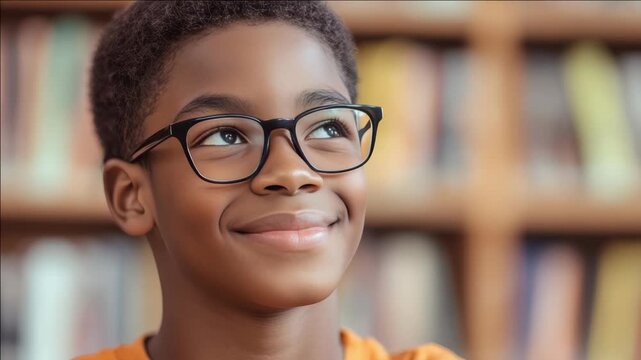 A young boy wearing eyeglasses and an orange shirt looks up towards the ceiling while surrounded by bookshelves filled with books.