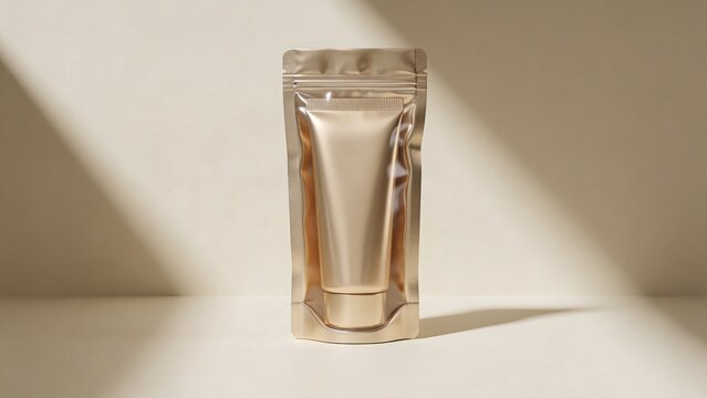 Luxury cosmetic tube inside metallic foil pouch illuminated by warm sunlight minimalist product presentation elegant skincare packaging premium beauty product sample clean background reflective mater