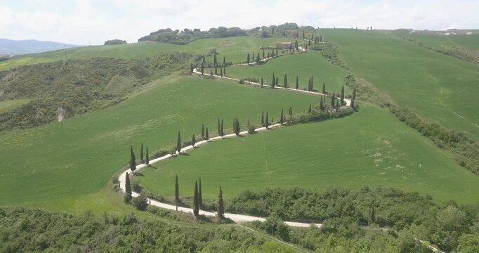 Val d'Orcia, Tuscany, Italy, aerial drone view, winding road with cypresses