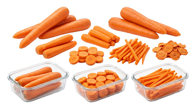 Fresh orange carrots collection, sliced and julienne carrot sticks in glass containers, organic vegetable meal prep set isolated PNG with Transparent Background