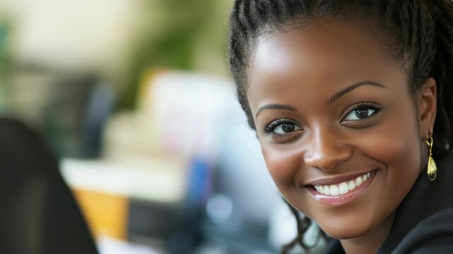 Smiling young lady with a cheerful expression against blurred office background.