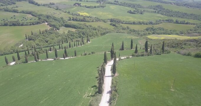 Val d'Orcia, Tuscany, Italy, aerial drone view, winding road with cypresses