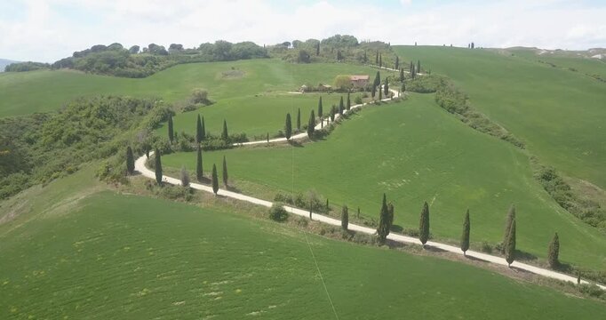 Val d'Orcia, Tuscany, Italy, aerial drone view, winding road with cypresses