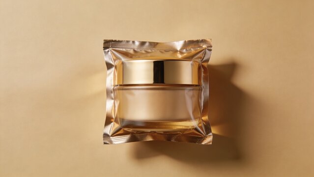 Luxury skincare cream jar sealed inside metallic foil pouch under warm golden sunlight minimalist cosmetic packaging premium beauty product elegant container reflective surface soft shadows sophistica