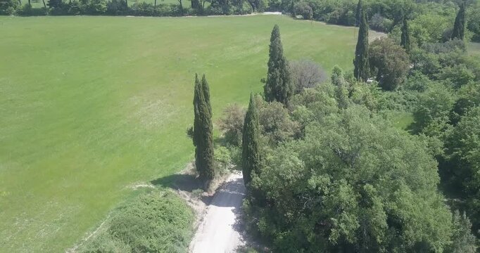 Val d'Orcia, Tuscany, Italy, aerial drone view, winding road with cypresses