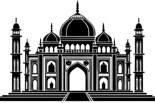 Traditional Islamic Mosque Palace Architecture Black Vector Silhouette Icon Isolated on White Background