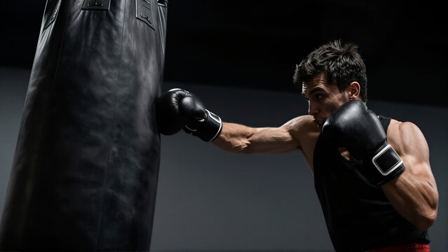 Muscular man punching a heavy bag in a gym. Focused athlete training boxing for fitness and strength