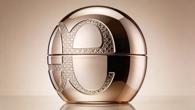 Luxury spherical cosmetic container featuring polished rose gold metal finish ornate textured detailing elegant curved silhouette premium beauty packaging standing on reflective surface warm beige 