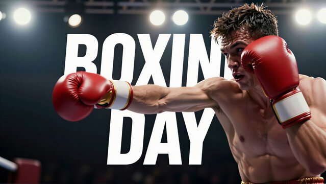 Professional male boxer with red boxing glove during a training session. Dynamic sports photography capturing a powerful punch in a competitive arena