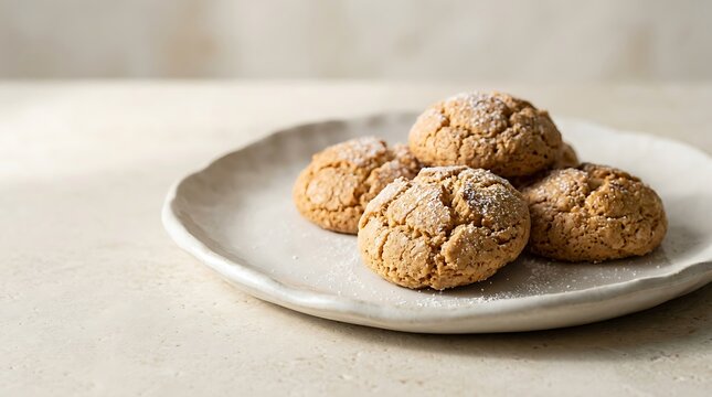 Fresh baked golden brown cookies served on a simple ceramic plate for a delicious morning snack time. amaretti