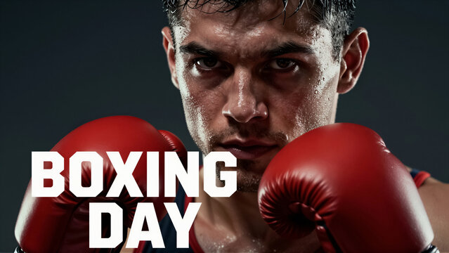 Portrait of a sweaty boxer wearing red glove. Intense male athlete ready for a fight