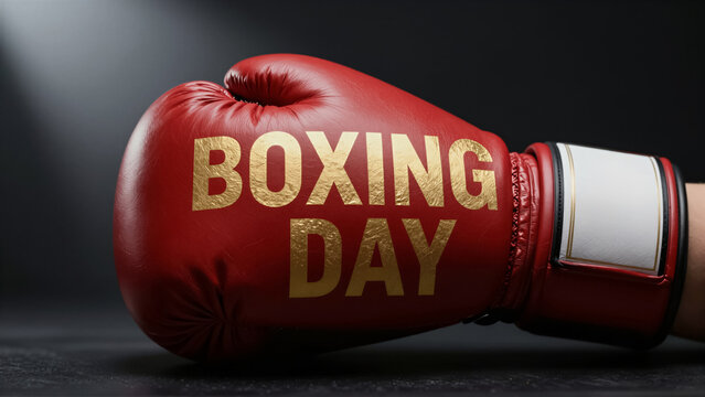 Boxing Day concept featuring a red boxing glove with gold lettering. A professional sport accessory isolated on a dark background for retail sales