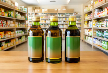 Fototapeta premium Three blank label bottles of olive oil on a wooden counter in a grocery store aisle with blurred shelves, the bottles feature green and gold labels, ready for custom branding