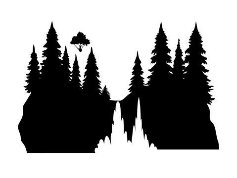 Pine Forest Waterfall Landscape Nature Cascade Black Vector Silhouette Icon Isolated on White Background