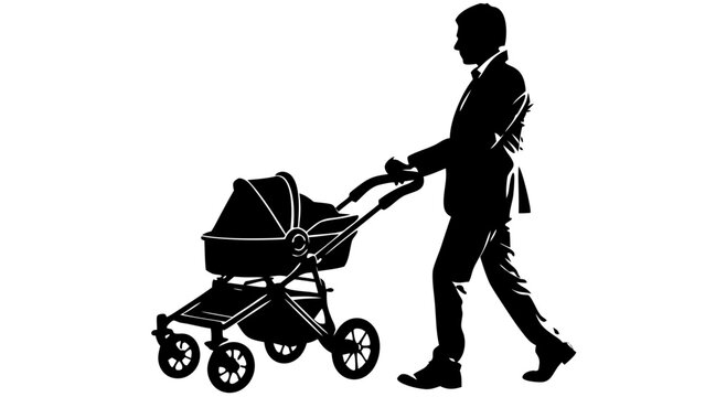 Father Walking and Pushing Baby Stroller Carriage Side Profile Black Vector Silhouette Icon Isolated on White Background