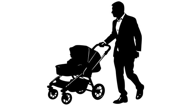 Father Walking and Pushing Baby Stroller Carriage Side Profile Black Vector Silhouette Icon Isolated on White Background