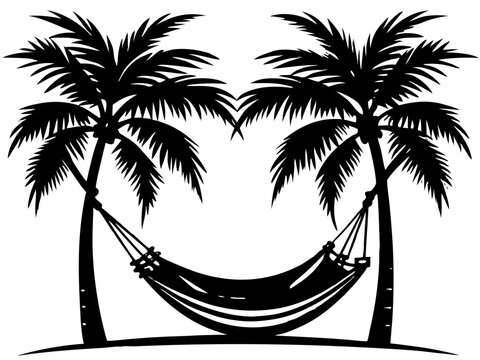 Tropical Hammock Hanging Between Two Palm Trees Beach Relaxation Black Vector Silhouette Icon Isolated on White Background