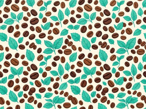Seamless pattern with roasted coffee beans and fresh mint leaves