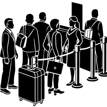 Travelers Queue Line at Airport Passport Control Customs Service Desk Counter Black Vector Silhouette Icon Isolated on White Background