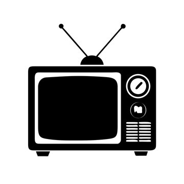 Vintage Retro Television TV Set with Antenna Media Screen Black Vector Silhouette Icon Isolated on White Background